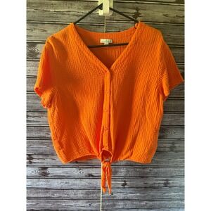 LL Bean Signature Women's Short-Sleeved Button-Down Top Size L Orange Gauze Tie